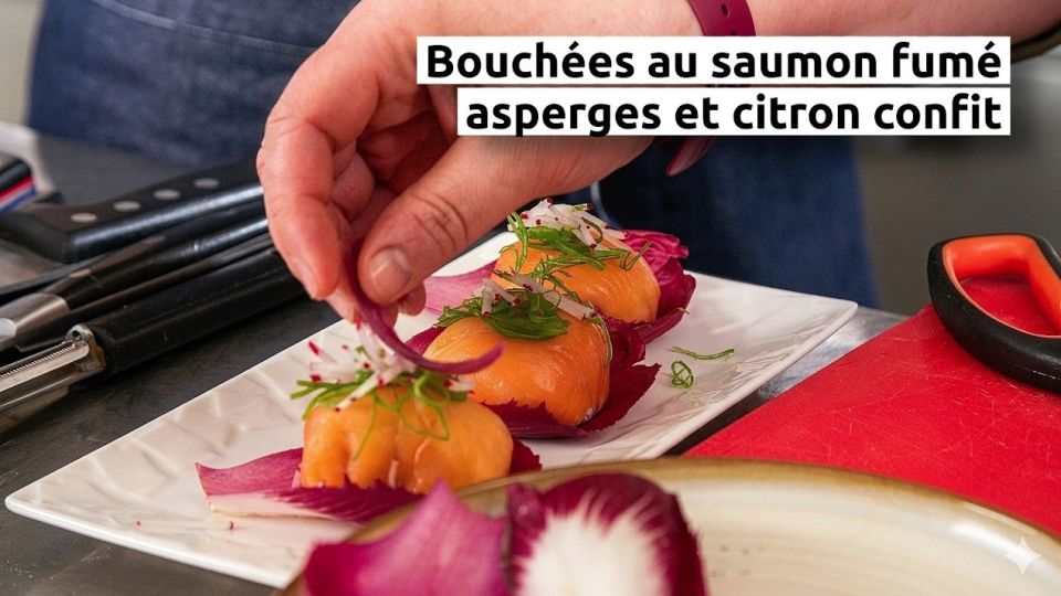 A feu doux : Les Fines Herbes, #1 Bouchées au saumon fumé, asperges et citron confit
